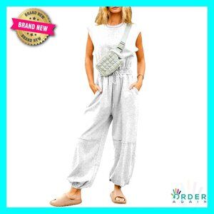 Oversized Jumpsuit Wide Leg Pants Crewneck Cap Sleeve Drawstring Romper with